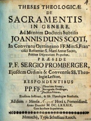 Theses theol. de sacramentis in genere, ad mentem Doctoris Subtilis Ioannis Duns Scoti