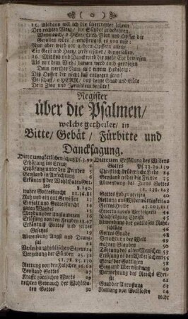 Register über die Psalmen / welche getheilet / in Bitte / Gebät / Fürbitte und Dancksagung