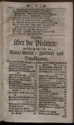 Register über die Psalmen / welche getheilet / in Bitte / Gebät / Fürbitte und Dancksagung