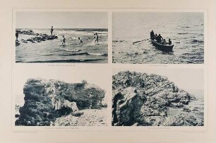 "Badende Kinder an der Ostsee", "Die Schiffbrüchigen", "Felsklippe Hammershuus (Bornholm)" und "Strandpartie (Bornholm)" aus der Mappe "Malerische Bilder"