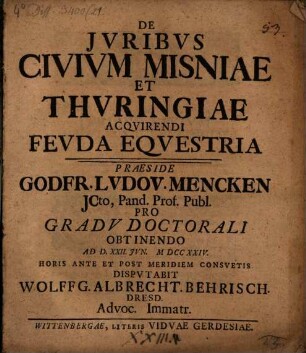 De Jvribvs Civivm Misniae Et Thvringiae Acqvirendi Fevda Eqvestria