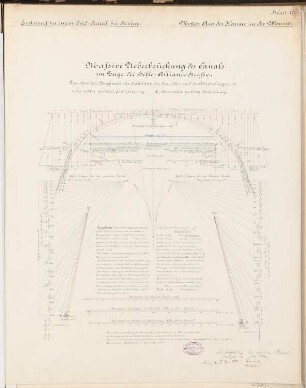 Südkanal für Berlin Schinkelwettbewerb 1878: Brücke über den Kanal: Konstruktionsdiagramme 1:100; 3 Maßstabsleisten, Erläuterungstext