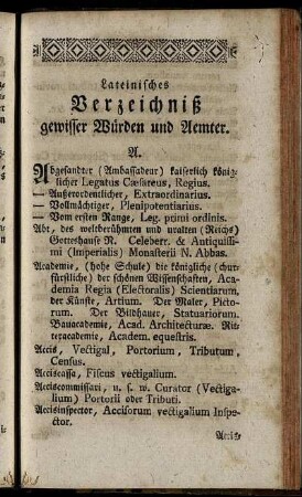 Lateinisches Verzeichniß gewisser Würden und Aemter.
