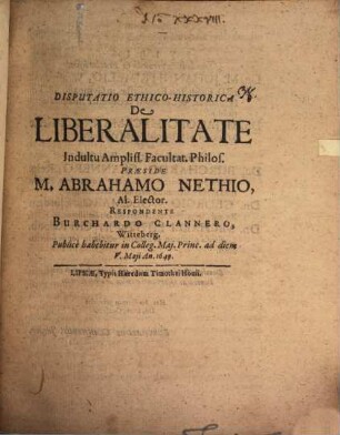 Disp. ethico-hist. de liberalitate
