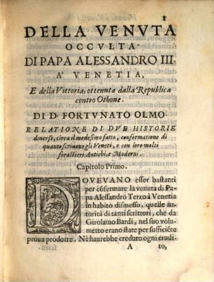 Historia della Venuta a Venetia occultamente nel 1777 di Papa Alessandro III. e della Vittoria ottenuta de Sebastiano Ziani, Doge