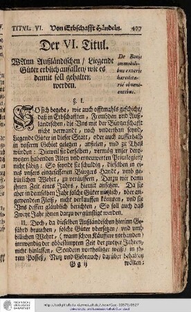 Der VI. Titul. Wann auszländlischen liegende Güter erblich anfallen wie es damit soll gehalten werden
