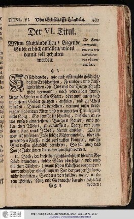 Der VI. Titul. Wann auszländlischen liegende Güter erblich anfallen wie es damit soll gehalten werden