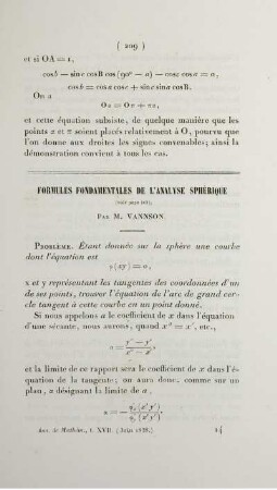 Formules fondamentales de l'analyse sphérique.