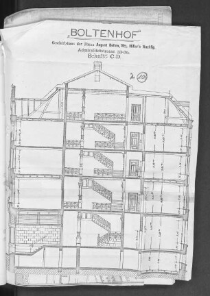Zu 106. "Boltenhof" Geschäftshaus der Firma August Bolten, Wm. Miller´s Nachflg. Admiralitätsstrasse 33-36. Schnitt C-D.