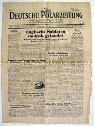 Tageszeitung "Deutsche Polarzeitung" für die besetzten Gebiete Nordeuropas u.a. zur Landung britischer Truppen im Nahen Osten