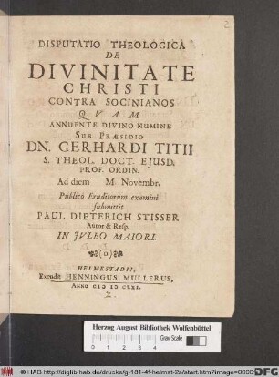 Disputatio Theologica De Divinitate Christi Contra Socinianos