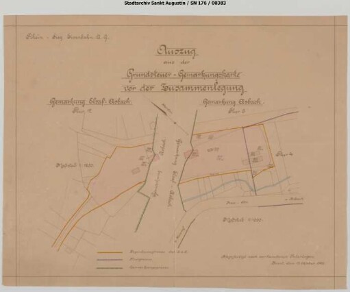 Asbach, Bahnhof: Auszug aus der Grundsteuer-Gemarkungskarte vor der Zusammenlegung. Gemarkung Elsaf-Asbach und Gemarkung Asbach.
