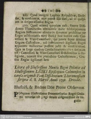 Literae ab Illustrissimo Nuntio Regni Poloniae ad Illustrissimum Leski Episcopum Culmensem in causa erigendi Fani Dissidentium Thorunensium scriptae d. 8. Martii Anno 1752 Dresdae