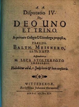 Disputatio IV. De Deo Uno Et Trino