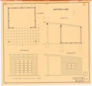 Sommerlaube: Grundriss, Ansicht, Seitenansicht, Querschnitt 1:20
