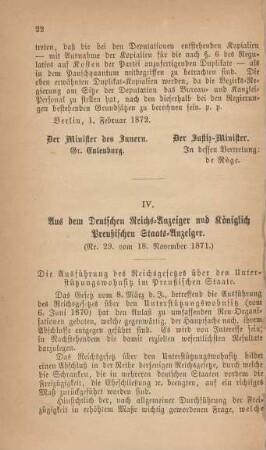 IV. Aus dem Deutschen Reichs-Anzeiger und Königlich Preußischen Staats-Anzeiger
