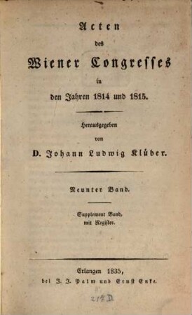 Acten des Wiener Congresses in den Jahren 1814 und 1815. 9. 1835