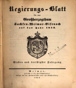 Regierungsblatt für Sachsen-Weimar-Eisenach : auf das Jahr .... 1853 = Jg. 37