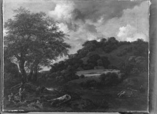 Hügelige Landschaft mit hohen Eichen