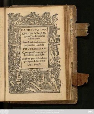 PANDECTARVM || Liber.XIII. de Tropis, Fi=||guris et modis loquendi || Scripturarum.|| Item de locis Scripturarum || pugnantibus Parallela.|| PROBLEMATA || Quare quaedã parum curio=||se retulerunt Euãgelistae || Prophetae quare in Parabolis || et aenigmatib. sunt locuti.|| Otho. Brunfel.||