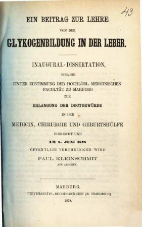 Ein Beitrag zur Lehre von der Glykogenbildung in der Leber : Von Paul Kleinschmit. (Inaugural-Dissertation.)