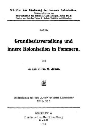 Grundbesitzverteilung und innere Kolonisation in Pommern