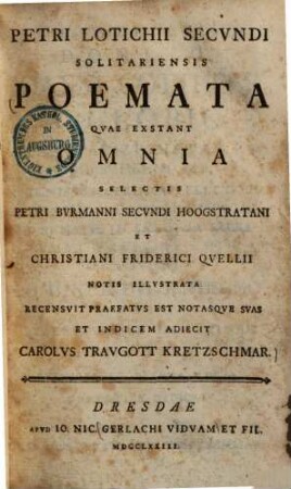 Petri Lotichii Secvndi Solitariensis Poemata Qvae Exstant Omnia