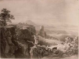 Böhmische Mittelgebirgslandschaft mit betender Hirtin