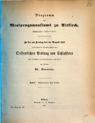 Programm des Realprogymnasiums zu Altkirch : Schuljahr .... 1876/77