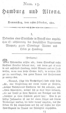 I. Deduction einer Streitsache in Betreff einer angeblichen Schuldfoderung des französischen Negocianten Maupas, gegen Sievekings Wittwe und Erben zu Hamburg. (Fortsezzung)