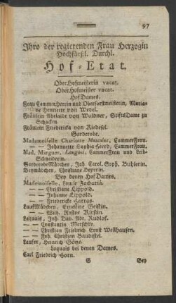 Ihro der regierenden Frau Herzogin Hochfürstl. Durchl. Hof-Etat