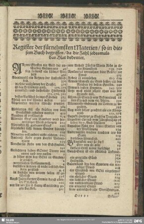 Register der fürnehmsten Materien, so in diesem Buch begriffen, da die Zahl jedesmals das Blat bedeutet
