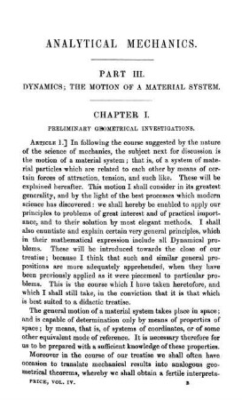 Chapter I. Dynamics; the motion of a material system.