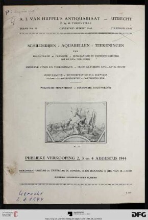 Catalogus van oude en moderne teekeningen, aquarellen, schilderijen, gravures, miniaturen, japanische prenten : publieke verkooping 2, 3 en 4 augustus 1944