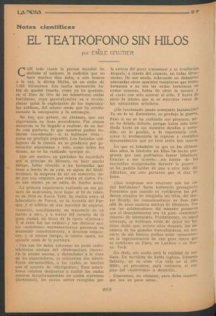 Notas científicas : El teatrófono sin hilos