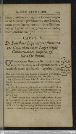 Caput V. De Potestate Imperatoris, limitata per Capitulationem, Leges atque Consuetudines Imperii, & Iura Ordinum
