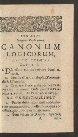 Synoptica Explicationis Canonum Logicorum, Liber Primus.