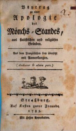 Beytrag zu einer Apologie des Mönchs-Standes : aus statistischen und religiösen Gründen