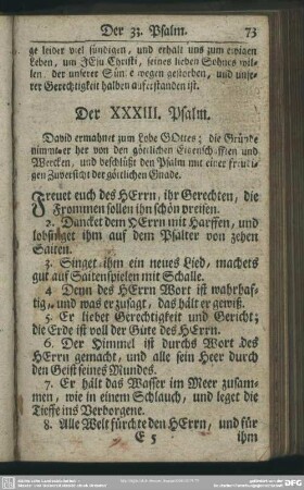Der XXXIII. Psalm : David ermahnet zum Lobe Gottes; die Gründe nimmt er her von den göttlichen Eigenschafften und Wercken, ...