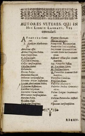 Autores Veteres, Qui In His Libris Laudati, Vel emendati.