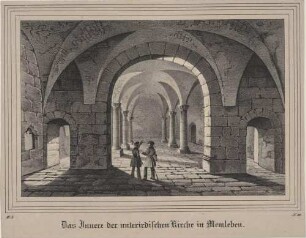 Die Klosterkirche aus dem 13. Jh. in Memleben (heute Ruine, Sachsen-Anhalt), Innenansicht der spätromanischen Krypta, aus der Zeitschrift Saxonia, 2. Band 1835