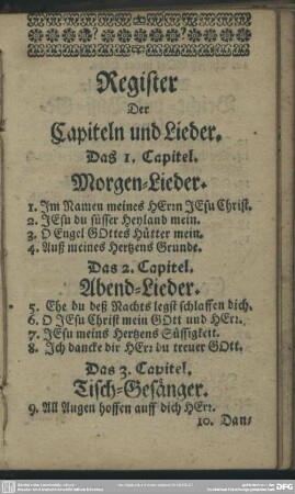 Register Der Capiteln und Lieder