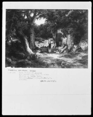 Eichenwald mit einem an einem Brunnen rastenden Ritter