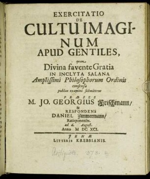 Exercitatio De Cultu Imaginum Apud Gentiles