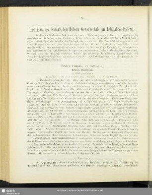 Lehrplan der Königlichen Höhern Gewerbschule im Lehrjahre 1885/86