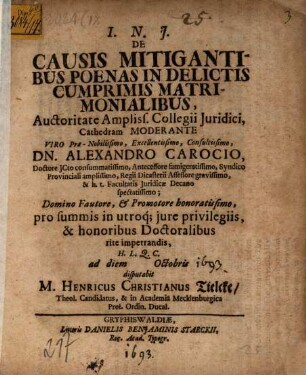 De causis mitigantibus poenas in delictis, cum primis matrimonialibus