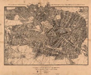 Plan von Berlin und Umgegend bis Charlottenburg : Übersichtskarte des Bebauungsplanes der Umgebungen Berlins : der Bebauungsplan in Roth entworfen und vierfach ausgefertigt für das Kgl. Handelsministerium, das Kgl. Polizei-Praesidium, den Magistrat von Berlin und den Magistrat von Charlottenburg