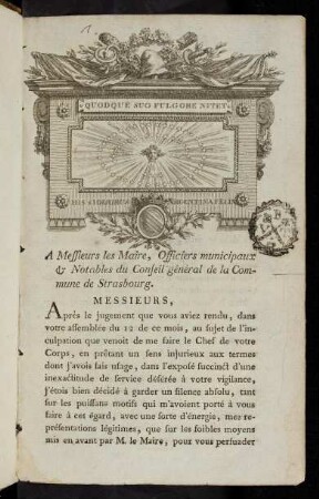 A Messieurs les Maire, Officiers municipaux & Notables du Conseil général de la Commune de Strasbourg