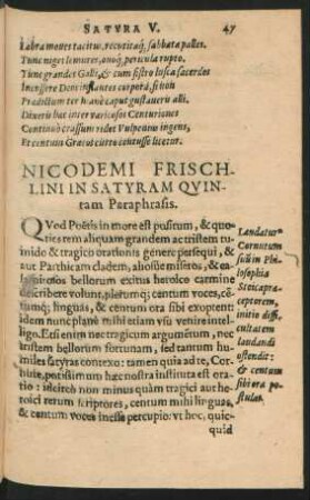 Nicodemi Frischlini In Satyram Quintam Paraphrasis.