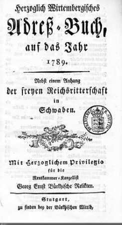 1789: Württembergisches Adressbuch, 1789